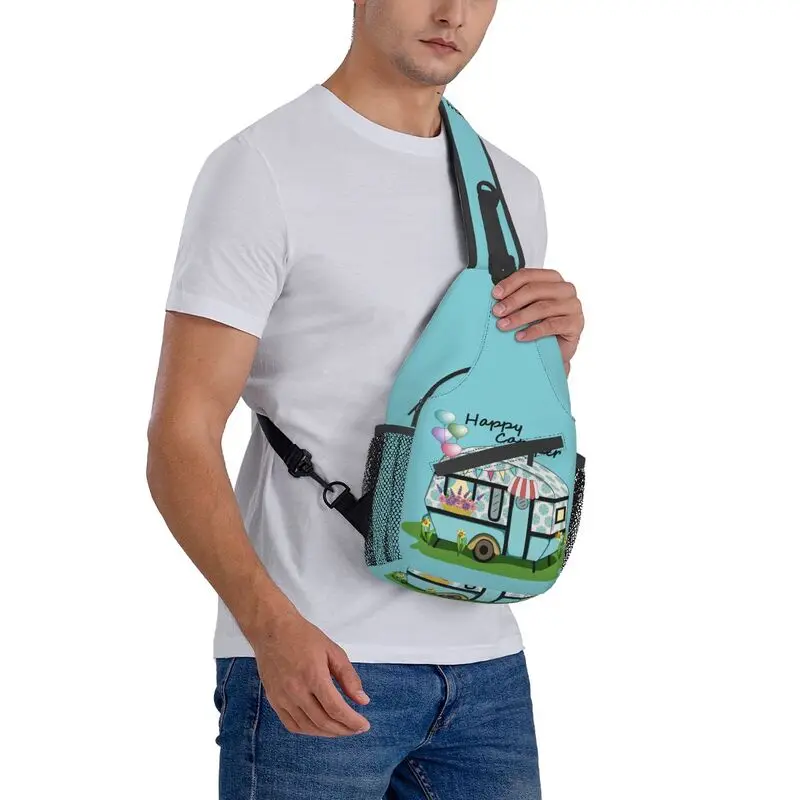 Happy Camper Adventure Reizen Sling Tassen Voor Mannen Cool Camping Van Leven Schouder Borst Crossbody Rugzak Reizen Dagrugzak