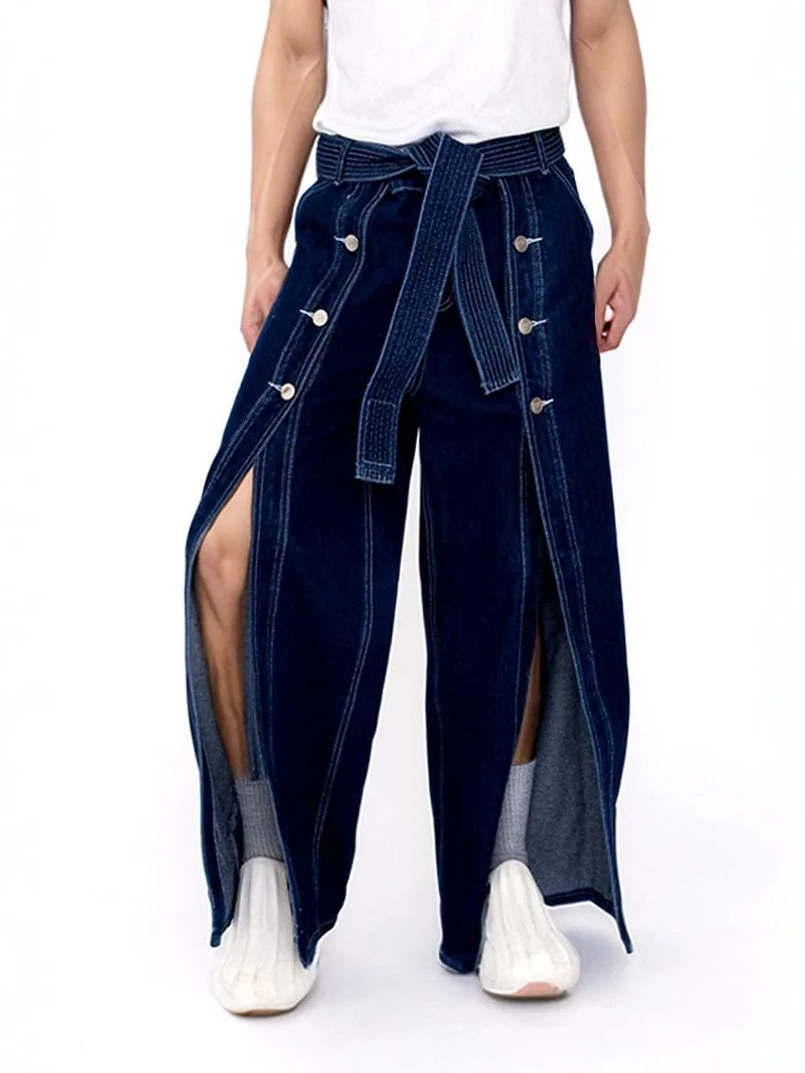 

Dark Wash High Waist Wide Leg Jeans Men/Women Belted Double Button Front Contrast Stitch Slit Hem Casual Streetwear Denim Pants