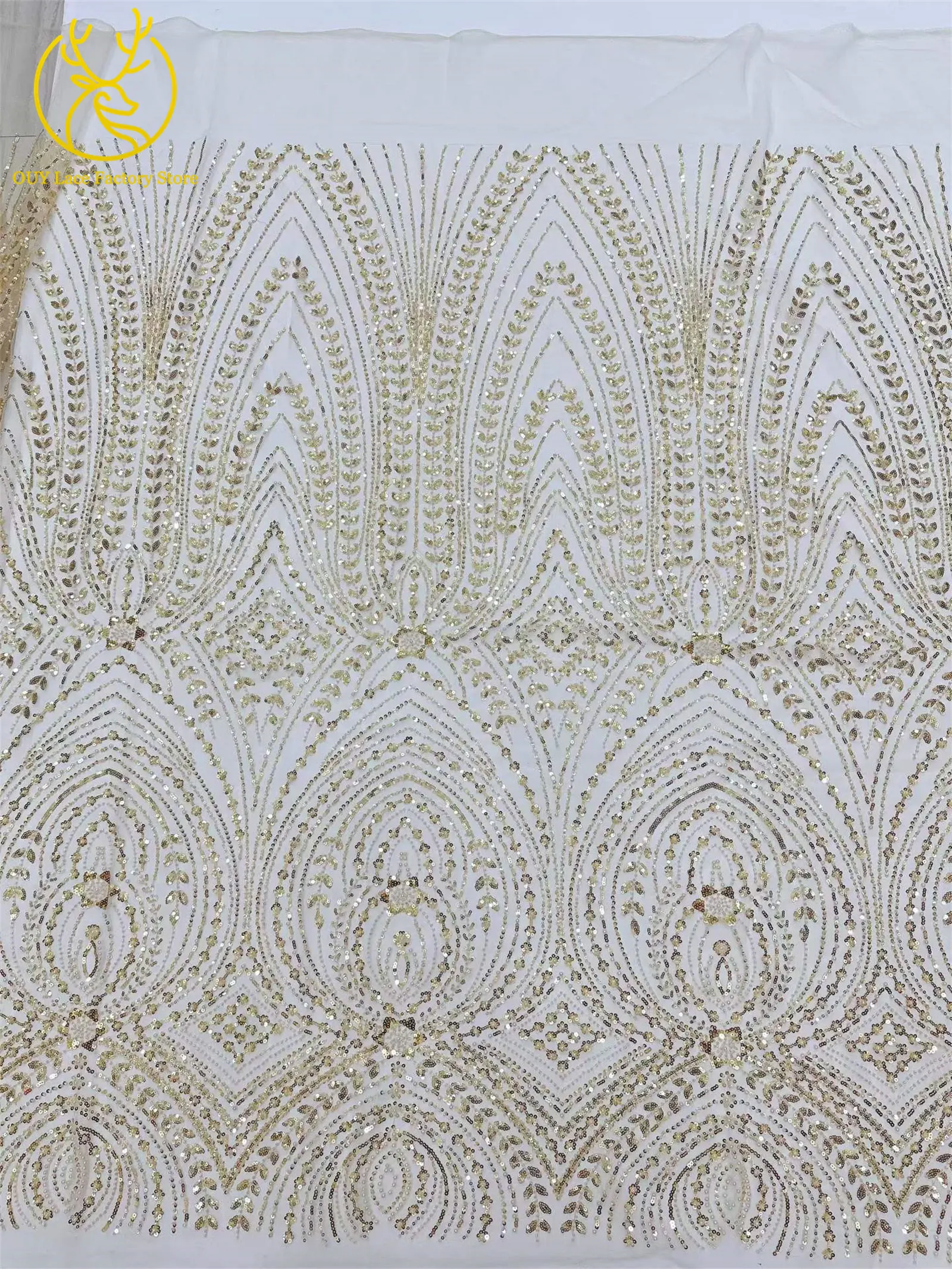 5 Yards afrikanischer Perlen-Pailletten-Spitzenstoff 2026 Hochwertiger nigerianischer französischer Tüll-Mesh-Spitzenstoff für Hochzeitskleider zum Nähen – Detail 12