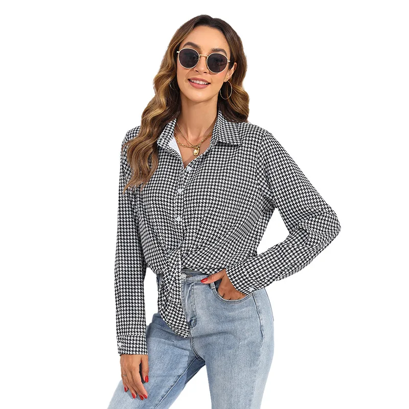 Women's Casual Long Sve  irt Spring Autumn Plaid Loose Fit Printed Ele Sle Cross-Border Faion Top