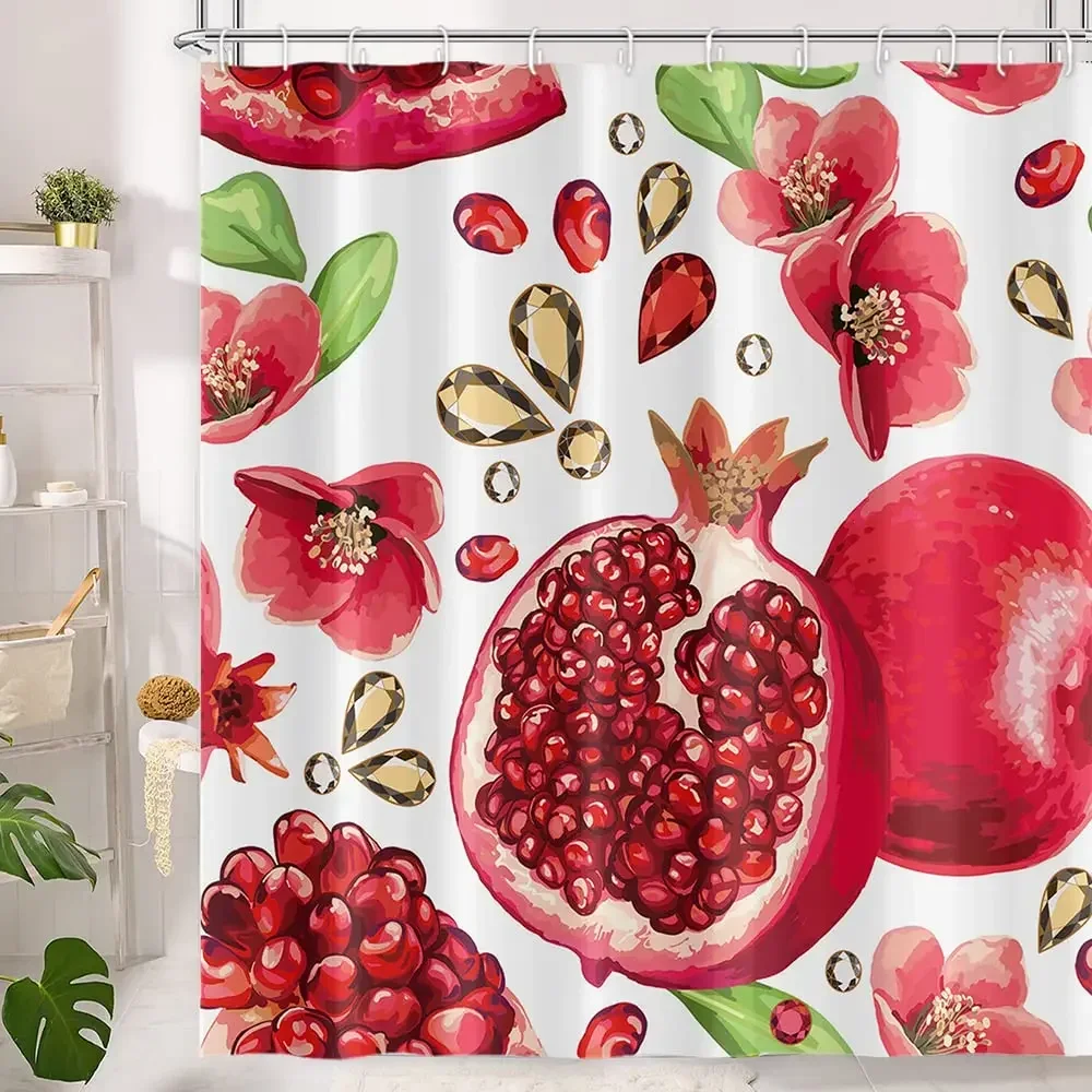 Pomegranate Shower Curtain Fresh Summer Fruits Garnet Berries Blossom Floral Pattern Shower Curtains Waterproof Bathroom Decor