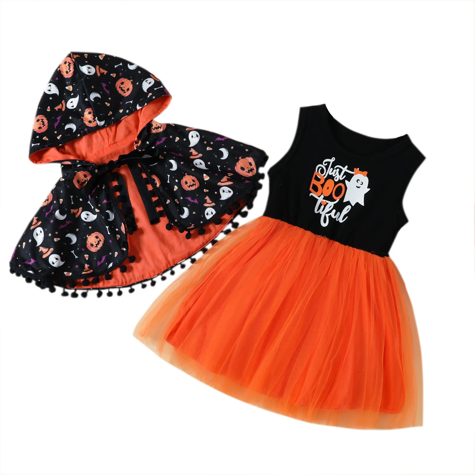 

MINISO Pumpkin Ghost Face Halloween Costume Girl Cartoon Cape Mesh Vest Dress Set Autumn Festival Outfit Party Clothes 3-8 Years