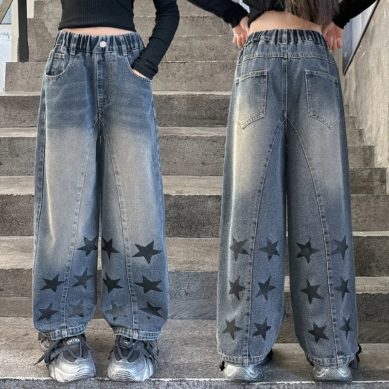 Teens Girls School Children Trousers Five-Pointed Star Design Casual Loose Jeans for Kids Elastic Waist Fashion Straight Pants