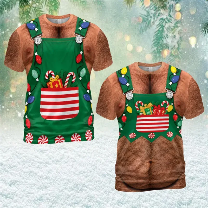 Funny Christmas T Shirt Men 3D Hairy Chest Suspenders Bell Print Short Sleeve Crew Neck Novelty Graphic Tee Xmas Party XXS-6XL