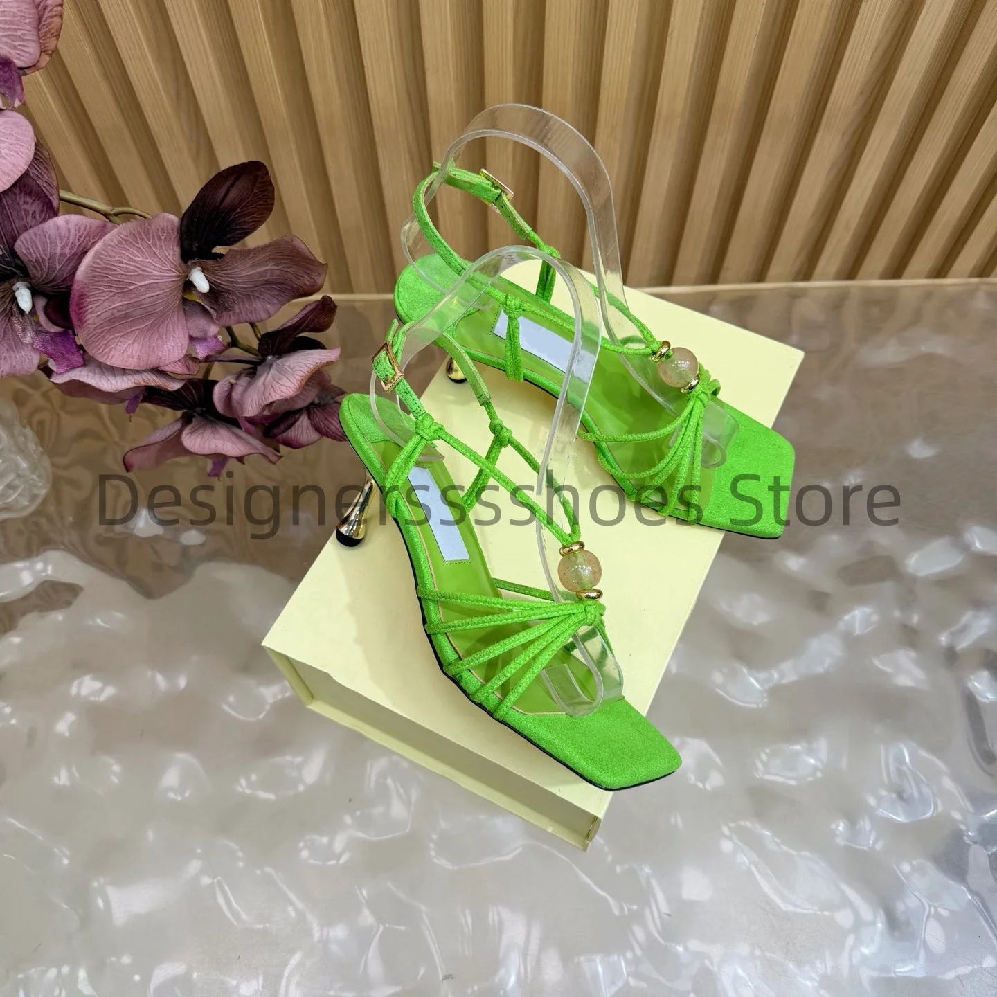 Square Toe Evening Heel Sandals with Amber Buckle, Suede Upper Sheepskin Lining Italian Leather Outsole 6.5cm Heel Sizes 35-42
