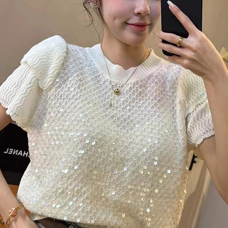 Spring Summer Round Neck Sequins Loose Casual Sweater Ladies Short Sleeve Fashion All-match Pullover Jumpers Women Knitting Top