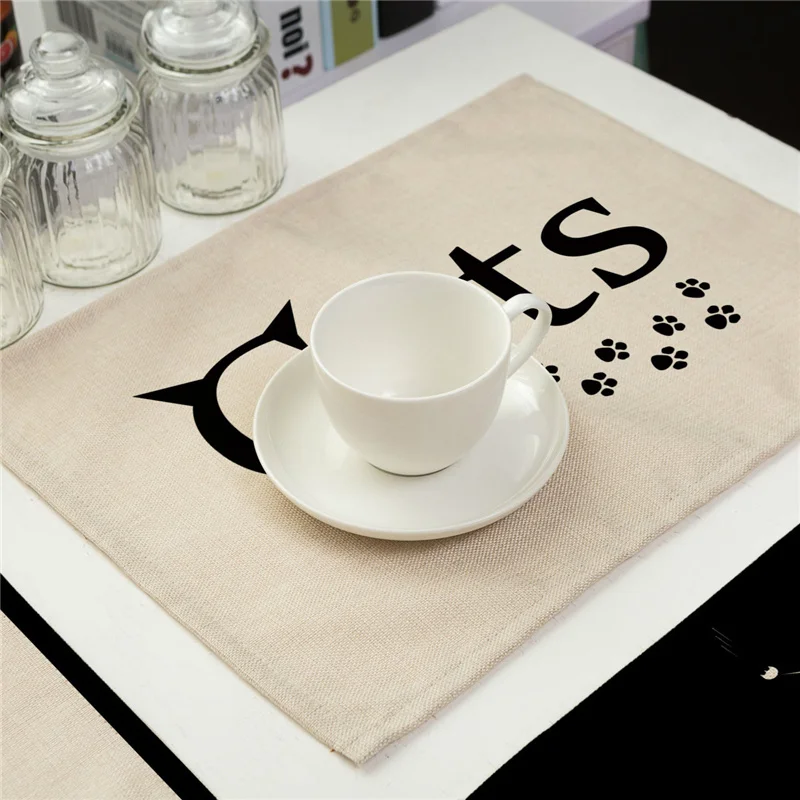 Mantel Individual con estampado de gato negro, alfombrilla occidental para mesa de comedor, posavasos para bebidas, algodón y lino, decoración del hogar, 40x30cm