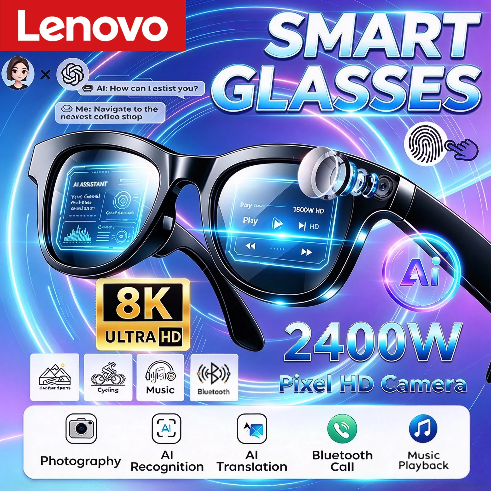 Lenovo Smart Camera Glasses 8K HD Hands-Free Wireless Bluetooth AI Glasses Calling Translator Voice Assistant Smart Sunglasses