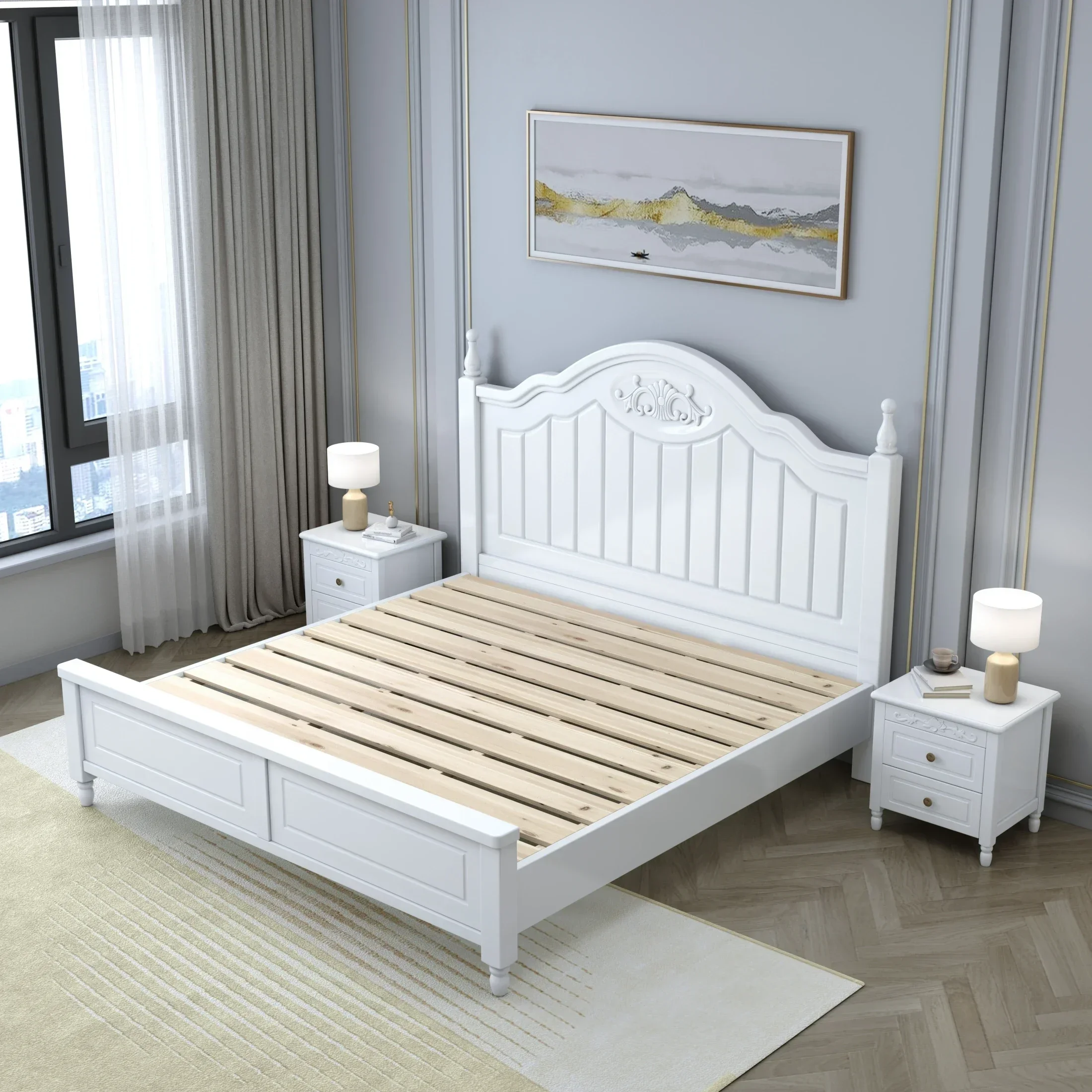 American solid wood bed, 1.8m double bed, white marriage bed, modern simplicity, 1.5m high box storage, master bedroom, large