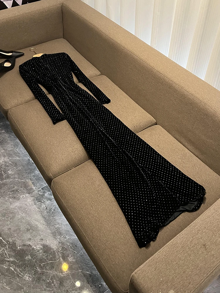 فستان سهرة أنيق من المخمل مع ذيل وياقة عالية، أزياء نسائية عصرية للتنقل في المدينة، تصميم أساسي بخصر متوسط، تنورة من مواد أخرى