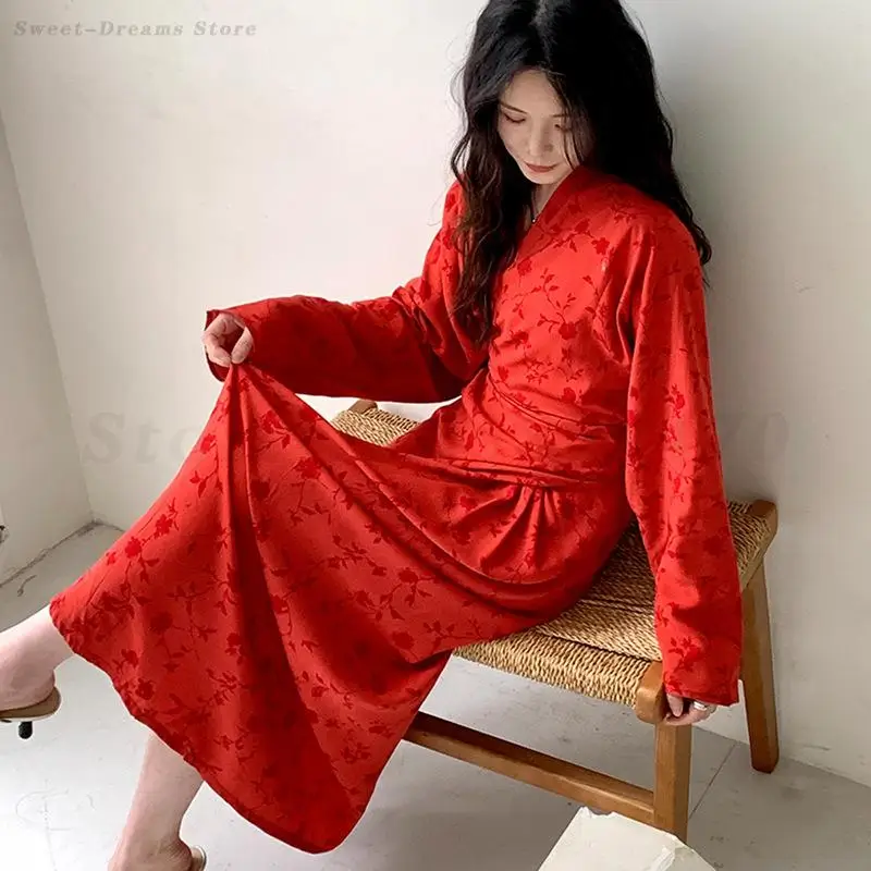 

Red Vacation Nightgown Sexy Bathrobe Gown Women Sleepwear Home Dressing Robe Loose Nightdress Lady Elegant Loungewear Nightwear