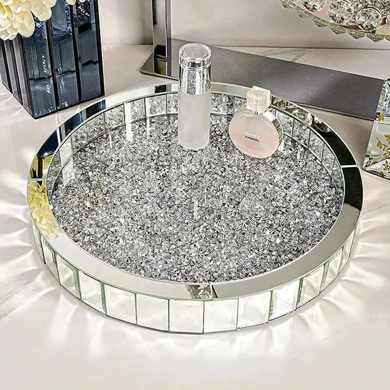

Luxurious Diamond Inlay Glass Storage Trays Decorative Perfume Bottle Skin Care Products Organizer Rolling Tray Bedroom Decor