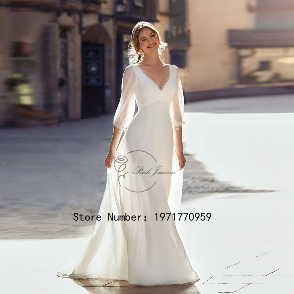 

Simple Chiffon Wedding Dress Puffy Full Sleeves Wedding Gowns Court Train Backless Custom Made Classic vestido de noiva 2024