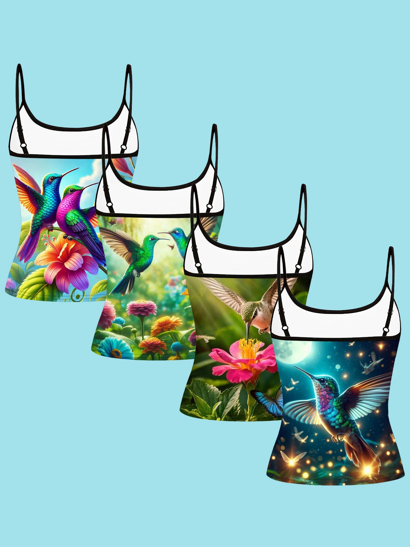 4-Piece Set of Colorful Hummingbird Floral Landscape Print Spaghetti Strap Camisole Tops for Women, Fresh and Slim-Fitting, Can Be Worn as an Inner Layer or Outerwear