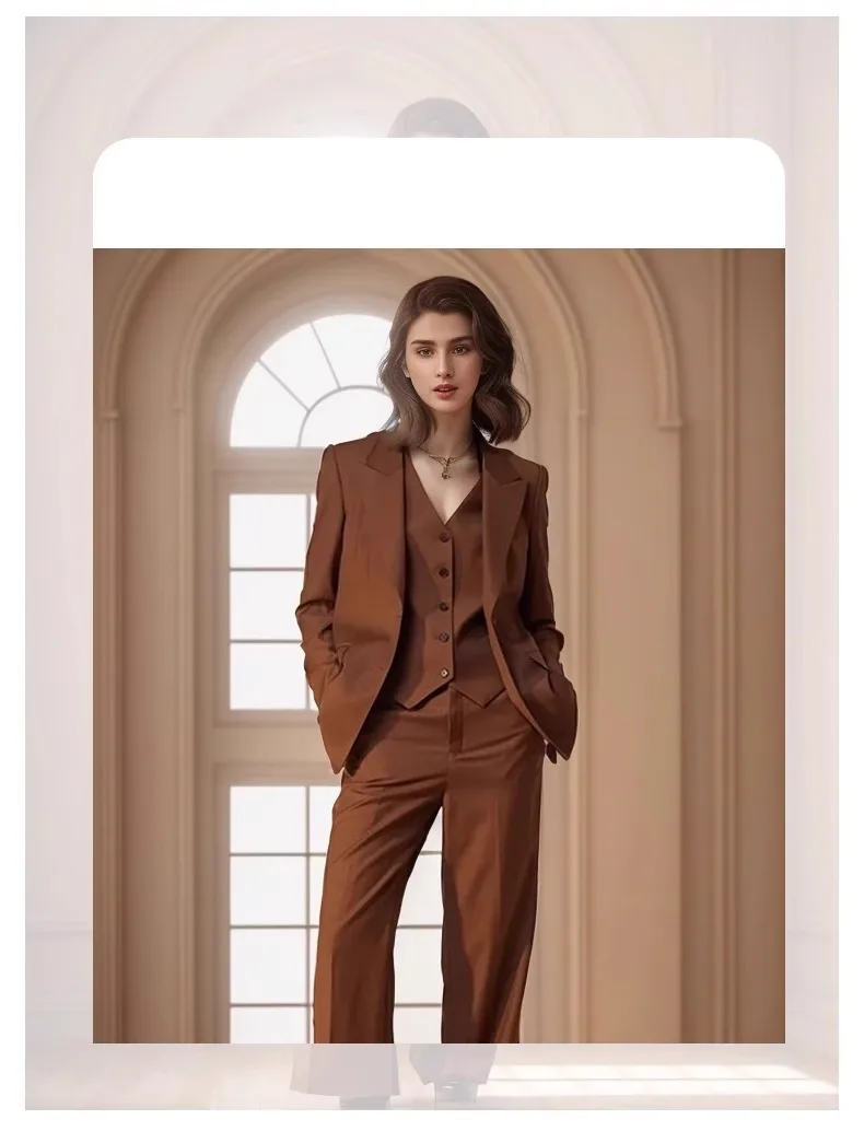 Women's Brown 3 Pcs Suit Lady Pant Suit Set Custom Formal Female Outfits Prom Dress Business Office Suit (Jacket+Vest+Pants)