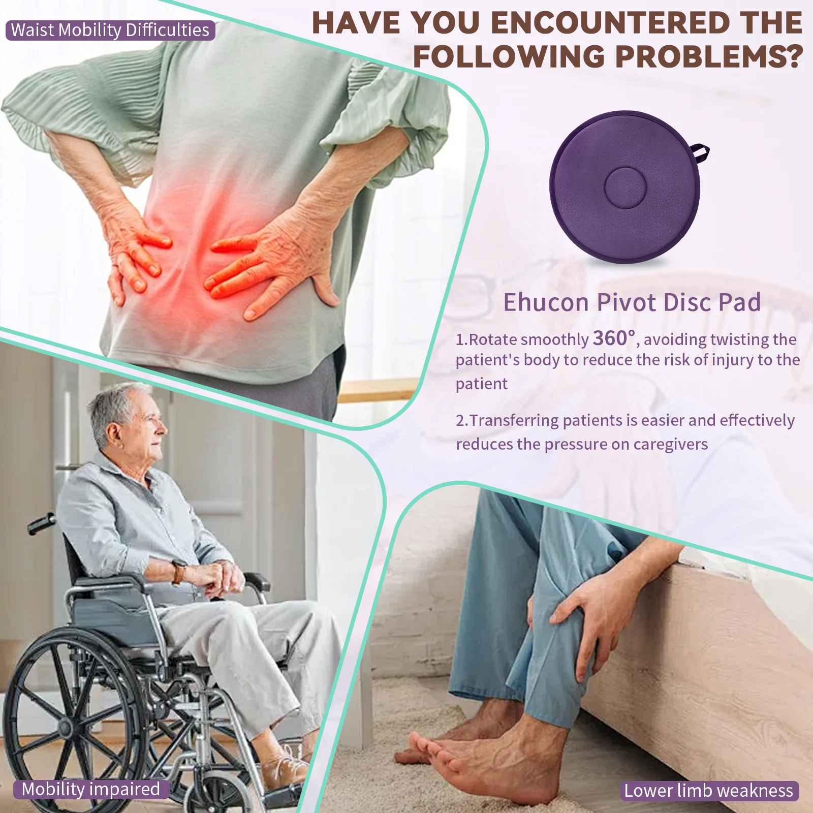 Ehucon Ergonomic Patient Turning Disc, Non-Slip Rotating Transfer Cushion, Safe Rotation Pad for Patient Mobility Assistance