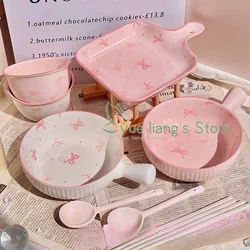 Pink Bow Ceramic Cutlery Set, Dessert Home Tableware Ceramic Handle Bowl Yogurt Cup High Value Breakfast Plate Drinkware