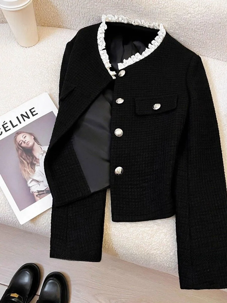 

Elegant Black Lace Trim Short Outerwear 2026 New Style Women's Fashion Slimming Vintage CELENE Breathable Long Sleeve Top