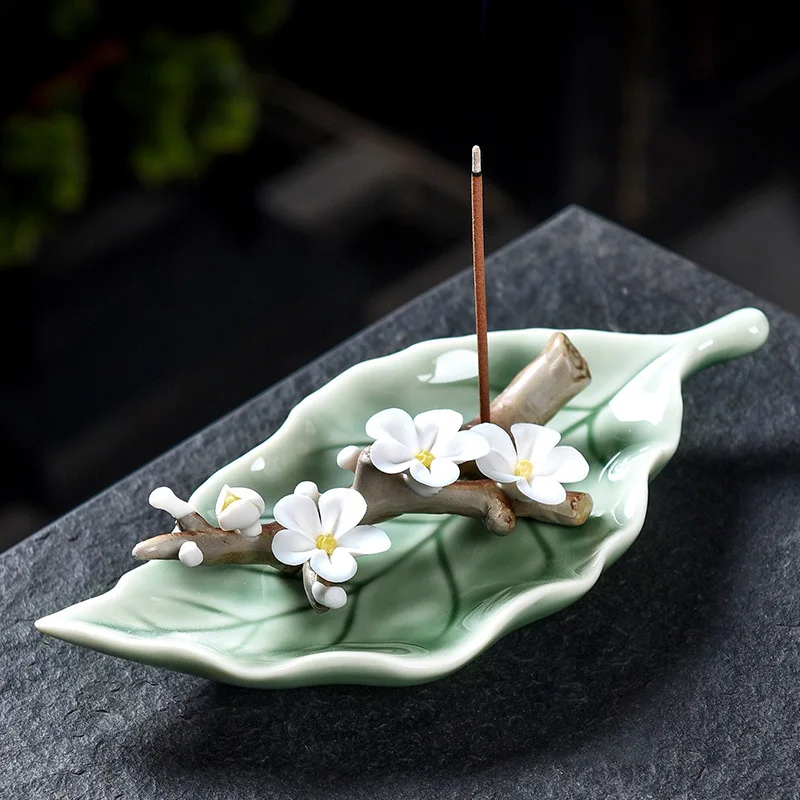 Handmade Home Furnishings Ceramic Leaves Peach Blossoms Branches Incense Sticker Holder Censer