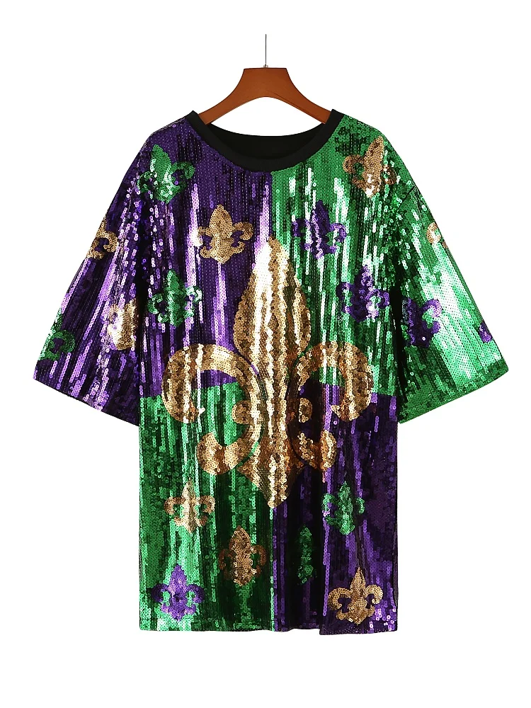 Women's Mardi Gras Fleur De Lis Sequin Party Dress New Orleans Carnival Queen of Mardi Mini Sequin Shirt Dress Green Purple Gold