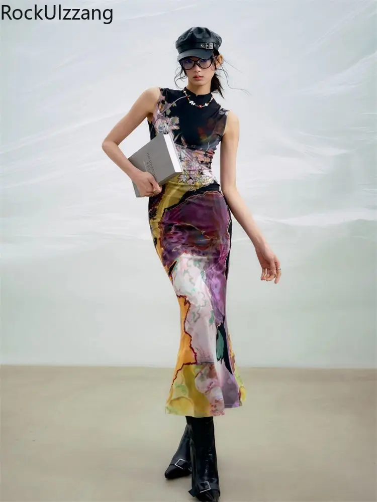 Y2K Abstract Floral Print Maxi Dress Women Sleeveless Bodycon Long Dresses Vintage Midi Summer Vestidos Slim Fit Elegant Korean