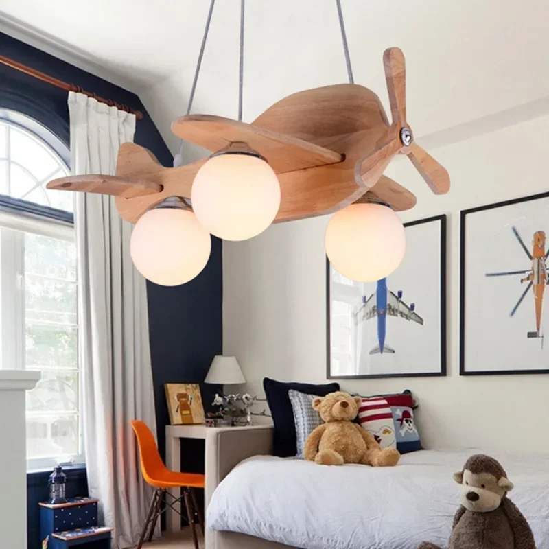 Modern Pendant Lamp for Children Room Creative Airplane Boys Kids Bedroom Wood Hanging Light LED Chandeliers Lights  ZM1027