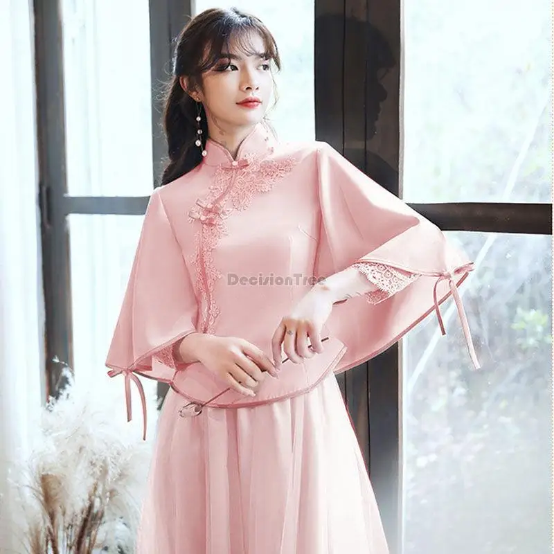 2026 chinese traditional vintage qipao dress set retro lady cheongsam chiffon women graceful wedding party vestido dress a363
