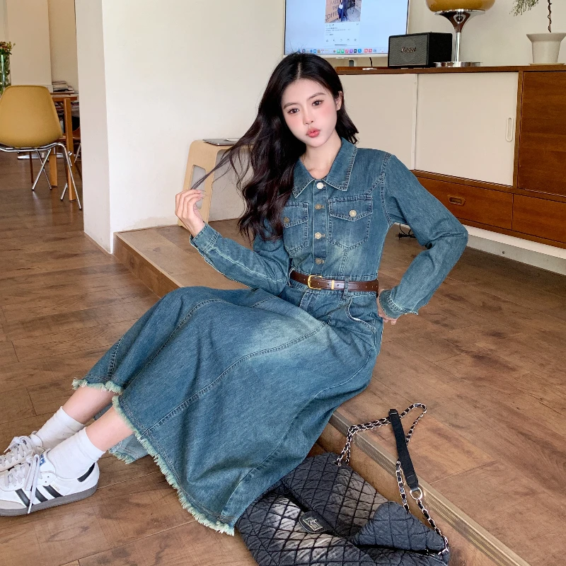 Plus Size Denim Dress Women\'s Casual Long Sleeve Jeans Robe Autumn Winter Female Vestidos with Belt Clothes KE9180