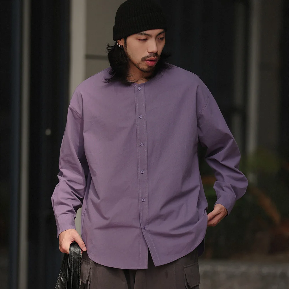 Men Collarless Japanese Streetwear Fashion Loose Causal Oversize Long Sleeve Cotton Cargo Shirts Cityboy Vintage Shirt