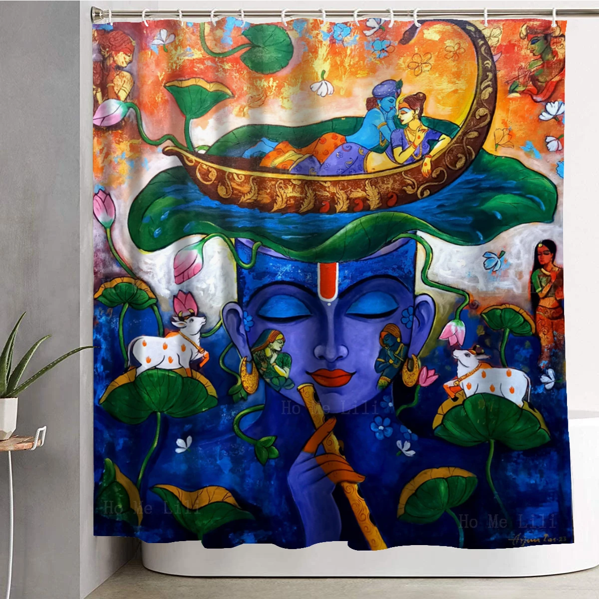 Devotion Of Krishna Lotus Leaves And Lotus Flowers Hindu God Meditation Buddha Mandala Bathroom Decor Shower Curtain