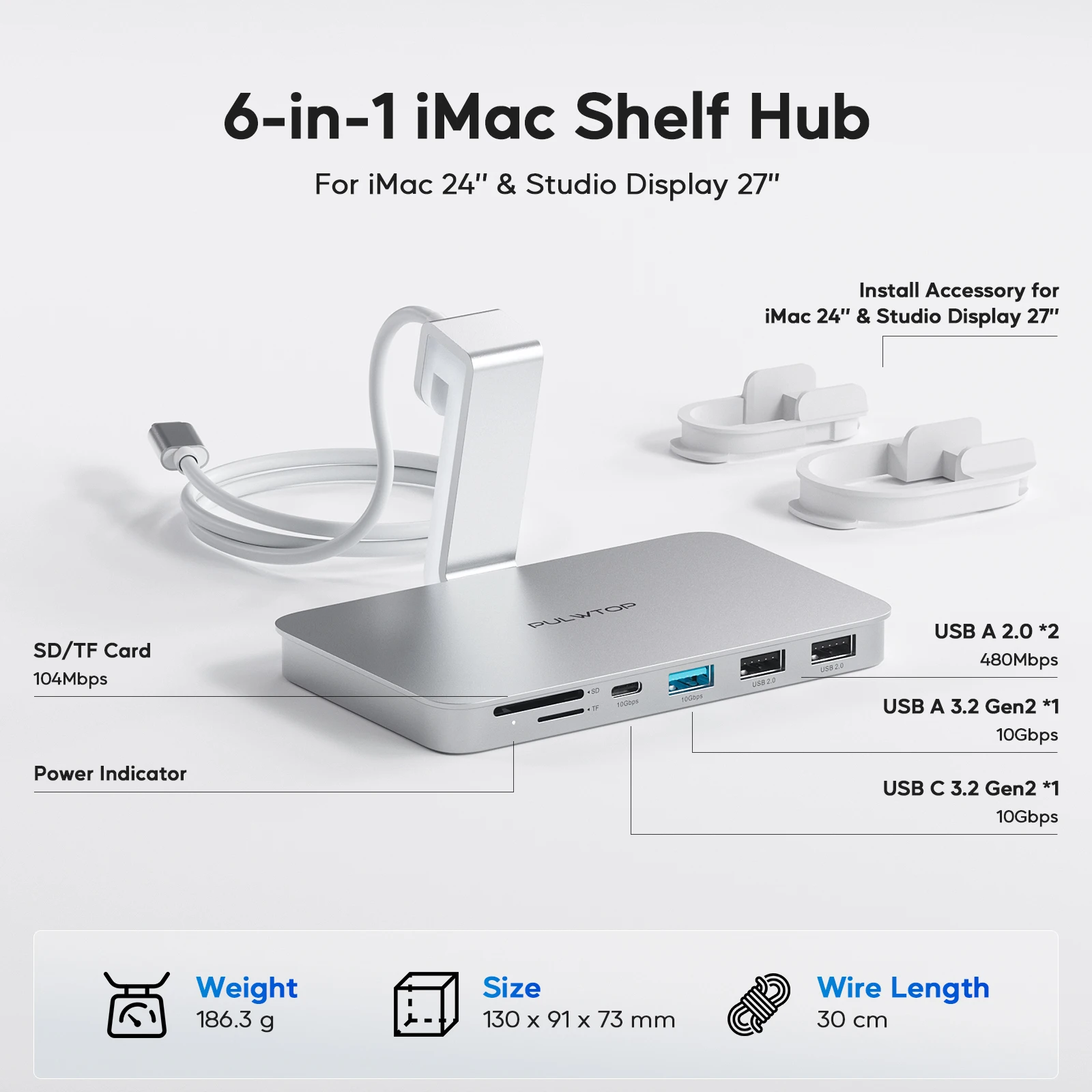 Hub USB C PULWTOP con custodia SSD NVMe SATA per iMac 24 pollici M1/M3/M4, hub iMac con USB A/C 10 Gbps, 2 x USB A 2.0, SD/TF