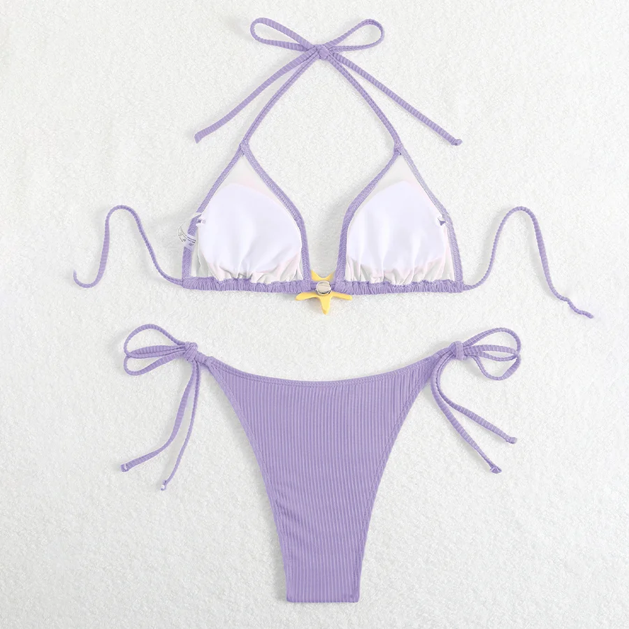 Women Swimsuits Separate Halter Bikinis Set With Chest Pad Solid Color With Starfish Beachwear Summer Vacation Two-Piece Sets