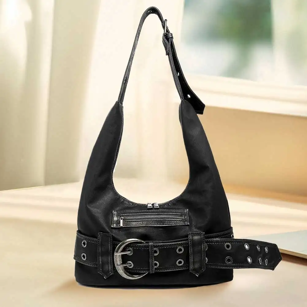 PU Leather Y2K Tote Bag Cool Girl Shoulder Bag Vintage Belt buckle Motorcycle Bag Commute Underarm Pouch Travel Shopping Handbag