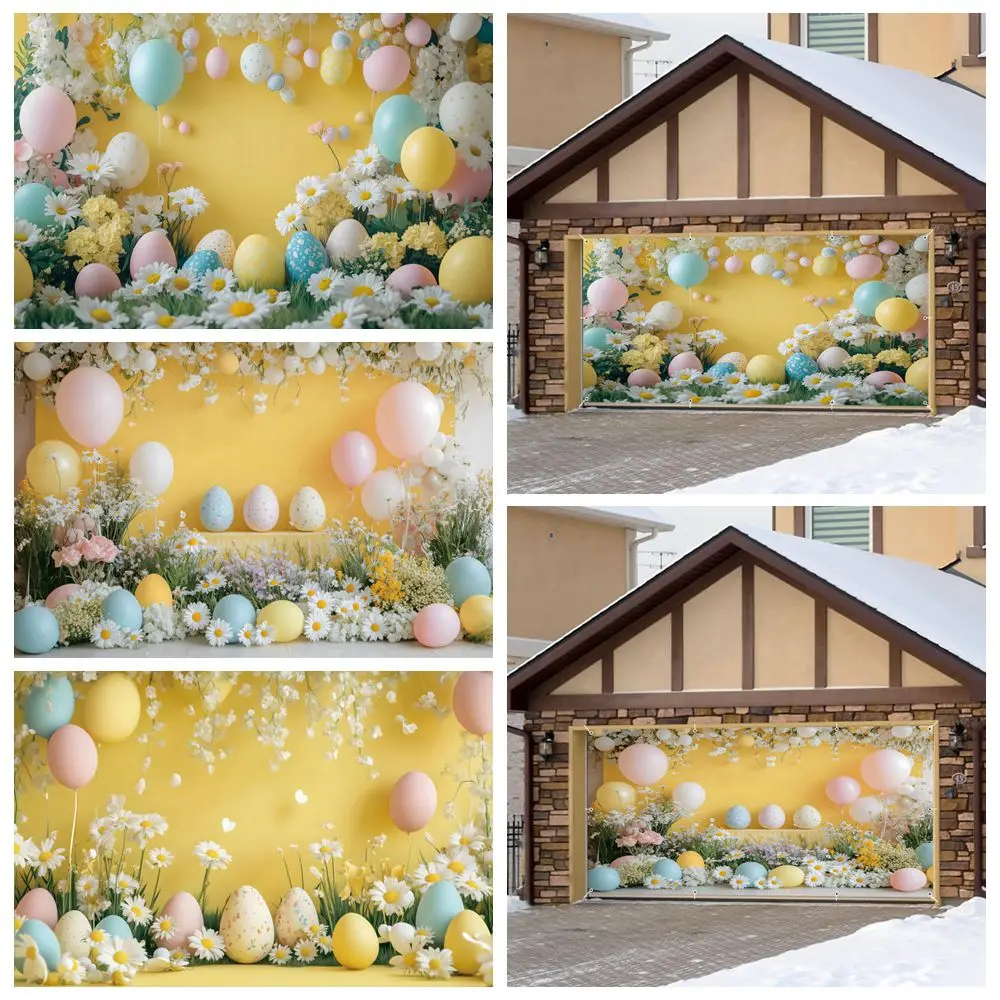 

Spring Easter Banner Garage Door Decoration Yellow Wall Balloons Eggs Garden Wall Decor Indoor Outdoor Party Perforated Backdrop