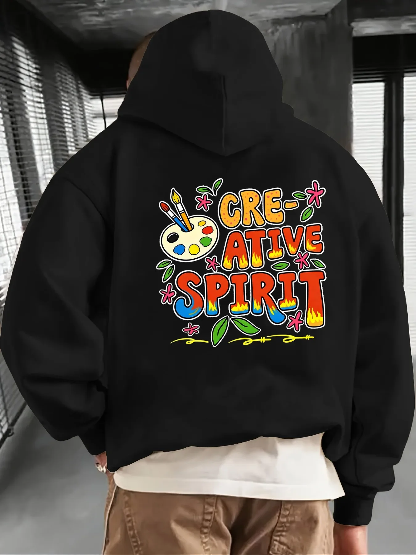 Men Creative Spirit Graphic Hoodie Art Palette Paint Brush Colorful Graffiti Back Print Pullover Loose Unisex Fleece Hoodie