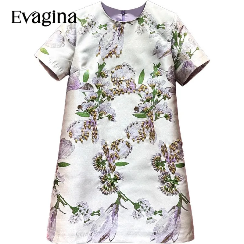 Evagina Spring Summer Short Sleeved Slim Mini dress Fashion Women's Beading Jacquard 2023 New Dresses