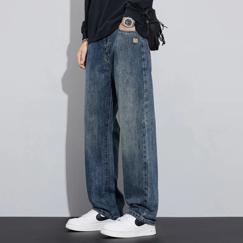 

Утолщенные прямые джинсы для мужчин на флисовой подкладке, новый американский уличный стиль, свободный крой, теплые повседневные длинные брюки на осень