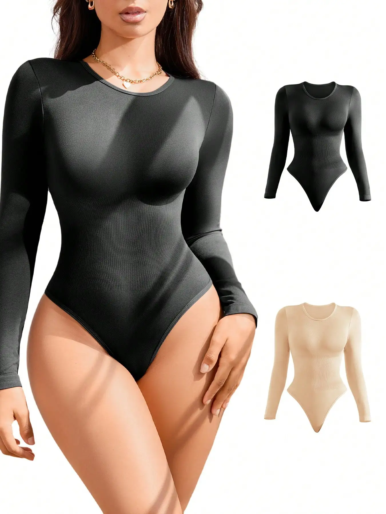 BWQ 2 stuks dames afslankende bodysuits shapewear, controle buiklift butt shaper, naadloze bodysuit met lange mouwen en ronde hals