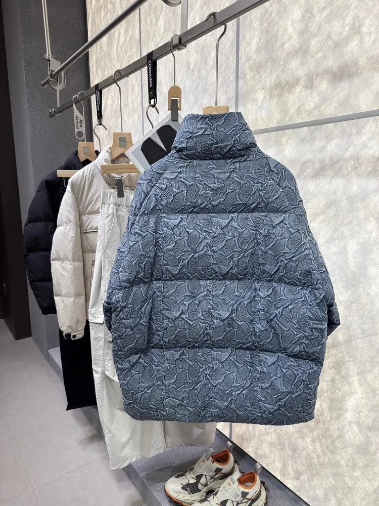 Mens Winter Stand Collar Thicken Warm Down Coat Printed Vintage Zipper Casual Outerwear Long Sleeve Designer Denim Jacket Male