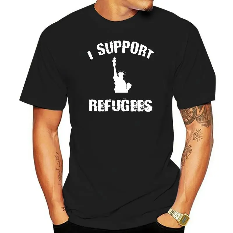 I Support Refugees T-Shirt Men 100% Cotton Short Summer Sleeve Classic America Famous Statue of liberty Casual Shirt Loose