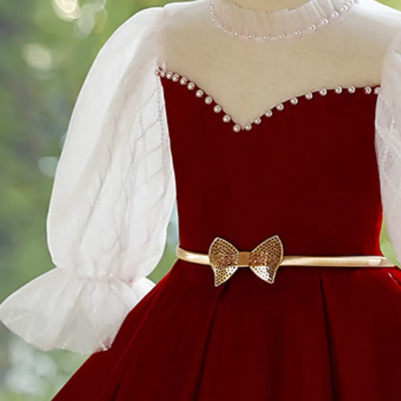 Niemowlę dziewczynka księżniczka złoty aksamit perłowa sukienka bufiasty rękaw niemowlę maluch dziecko kokarda pas Vestido świąteczne ubrania dla dzieci 1-12Y — zdjęcie 6