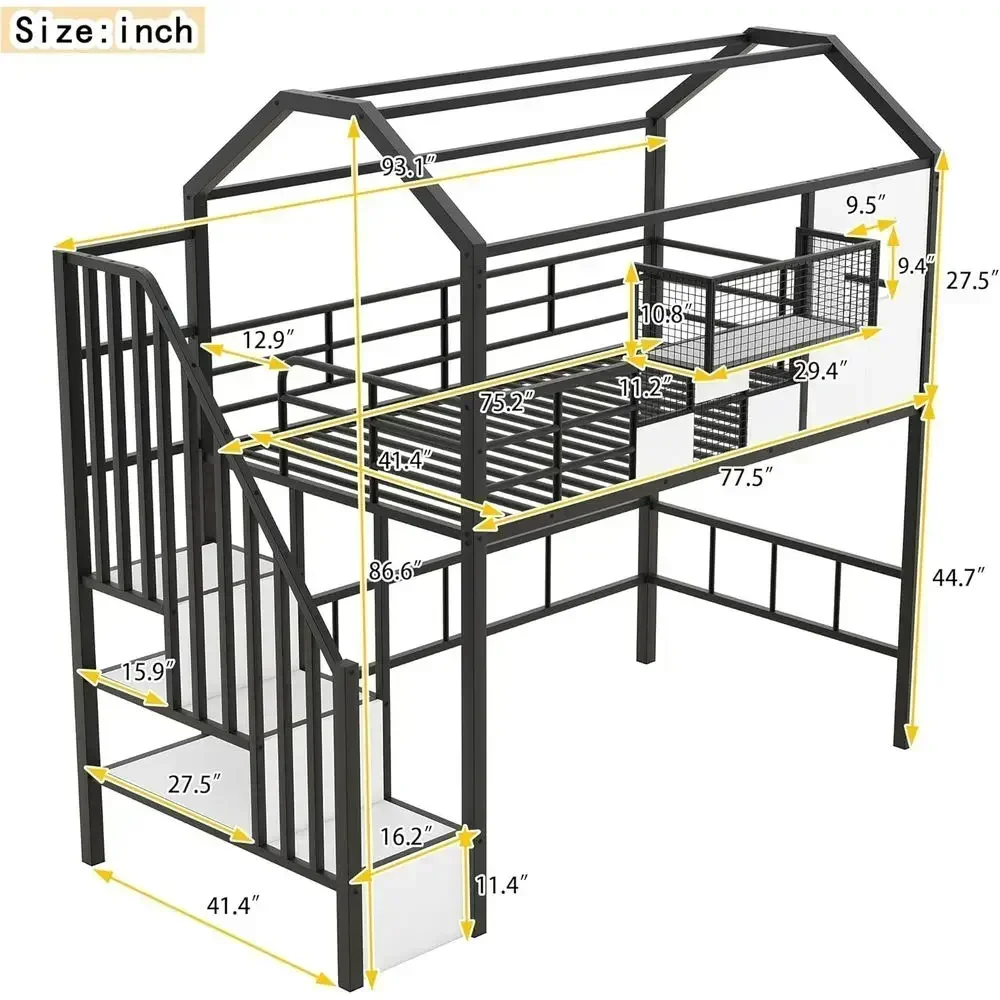 Twin Loft Bed with Stairs, Metal Frame, Storage Box, and Safety Rail for Kids and Teens in Black