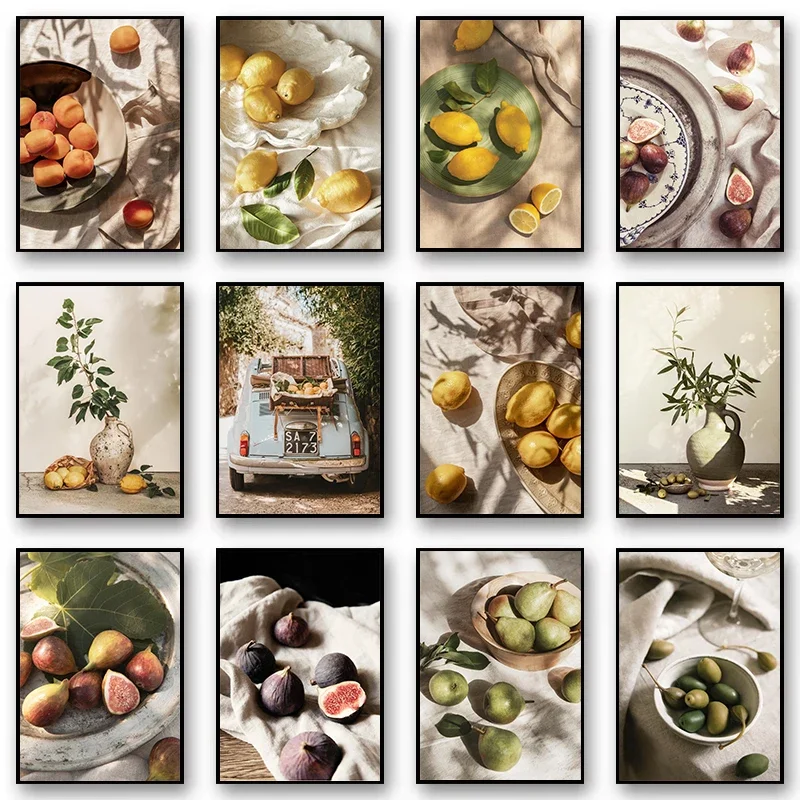 Autumn Lemon Olive Fruit Harvest Poster Prints Cars and Plants Landscape Wall Art Canvas Painting Home Living Room Decoration