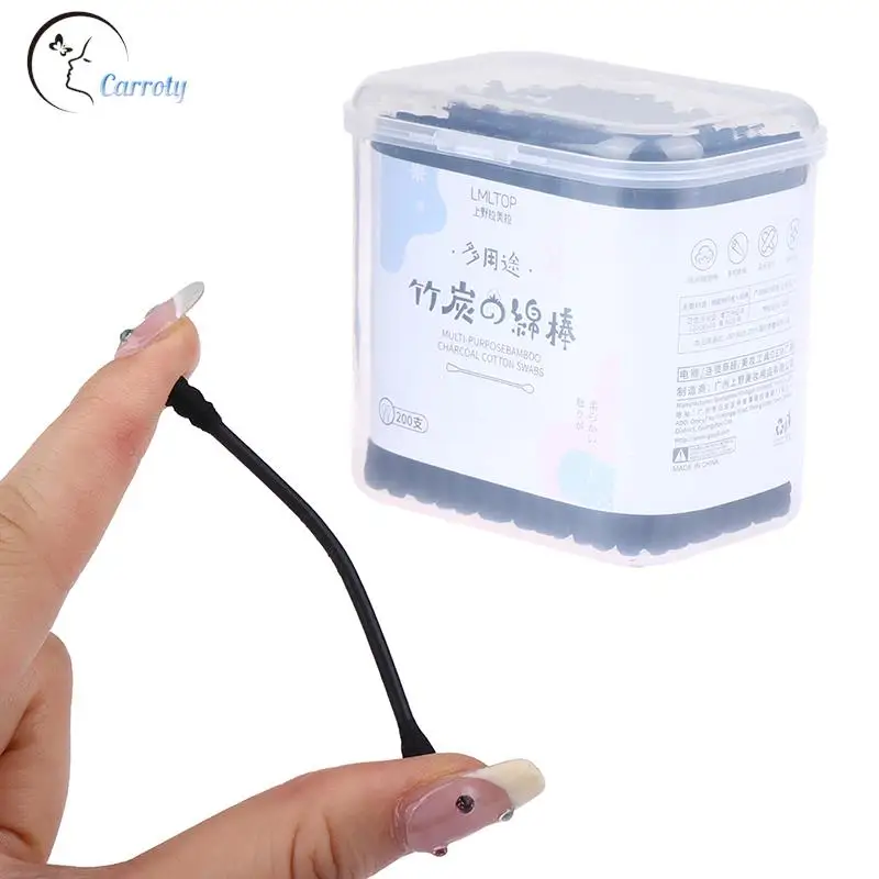 200pcs Disposable Cotton Swab Spiral Ear Cleaner Black Double Heads Swab Makeup