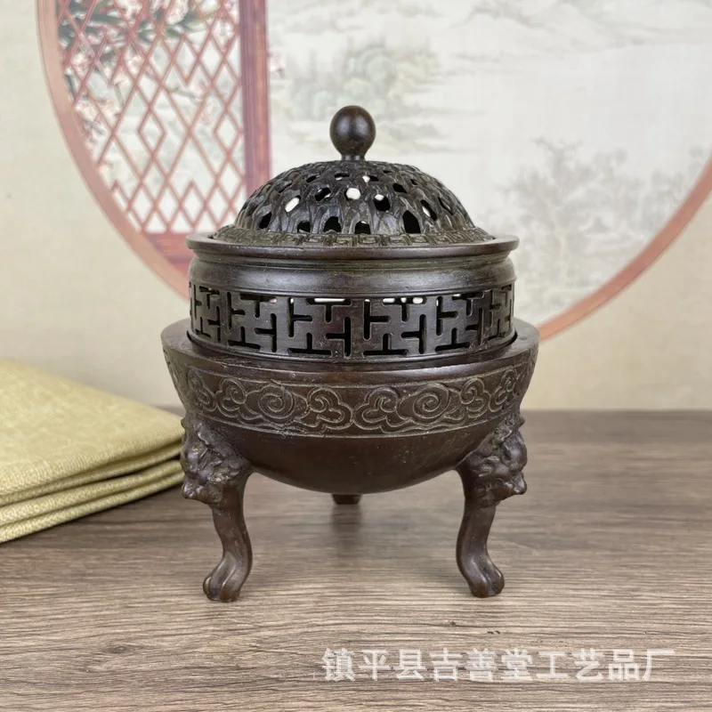 

Antique Style Ming Dynasty Xuande Three-Layer Furnace Retro Home Decor Ornament Three-Legged Lion Head Incense Burner