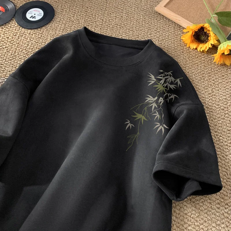 Suede T-shirt Bamboo Leaf Pattern Casual T-Shirts 2024 Summer Men's Loose Round Neck Tops Multicolour Couple Clothing