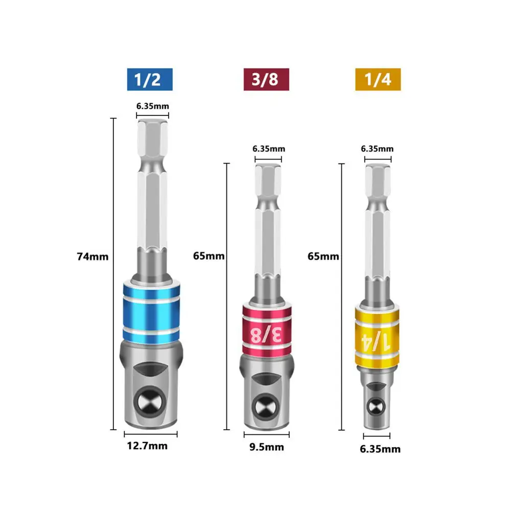 Juego de adaptadores de enchufe de 3 piezas y 65mm, vástago hexagonal a 1/4 ", 3/8", 1/2 ", juego de brocas de extensión para herramientas eléctricas