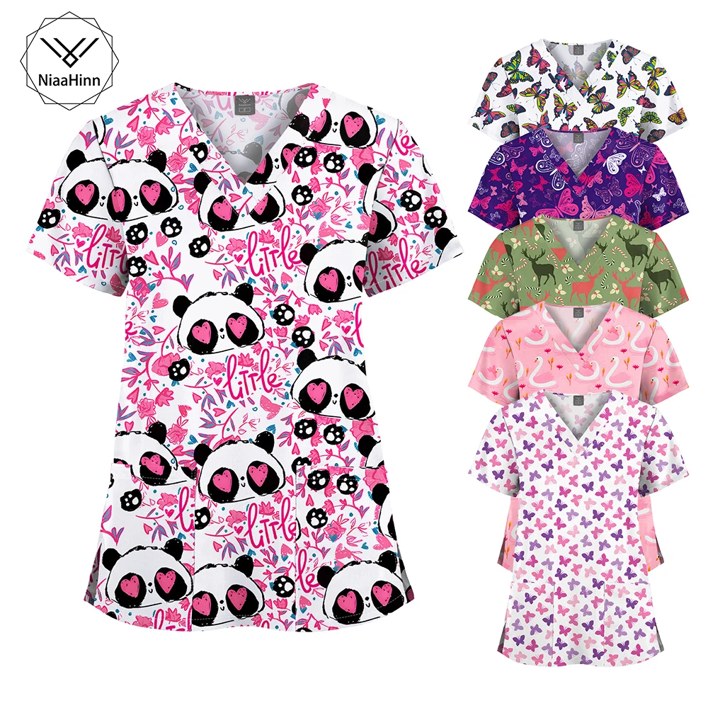 Uniforme médico impreso, Tops exfoliantes de dibujos animados a la moda, mujeres, hombres, Doctor, enfermera, accesorios de Hospital, camisa de manga corta al por mayor