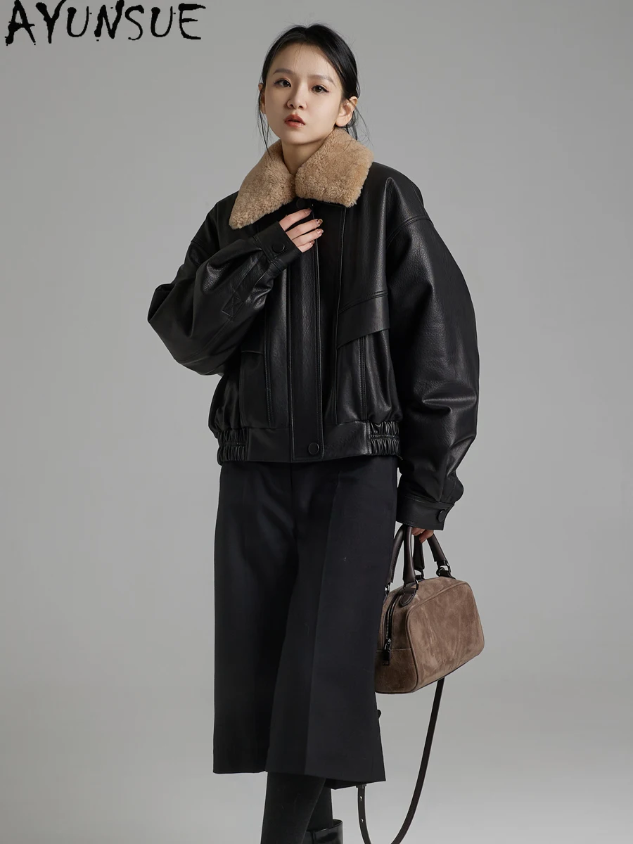 AYUNSUE Top Qualität Echtes Leder Jacke Frauen 2025, Echt Schaffell Frau Mantel Winter Herbst Kleidung Wolle Pelz Kragen Abnehmbare