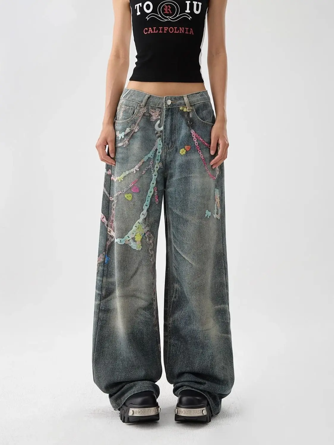 

2025 New Candy Chain Old Washed Denim Jeans Y2K Baggy Cotton Jeans Women Hip-hop Retro Punk Straight Wide-leg Pants